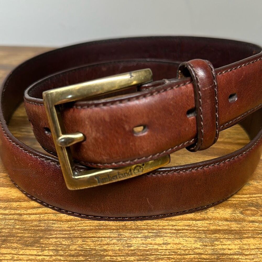 Timberland Belt Mens Brown Genuine‎ Italian Leather Brass Buckle